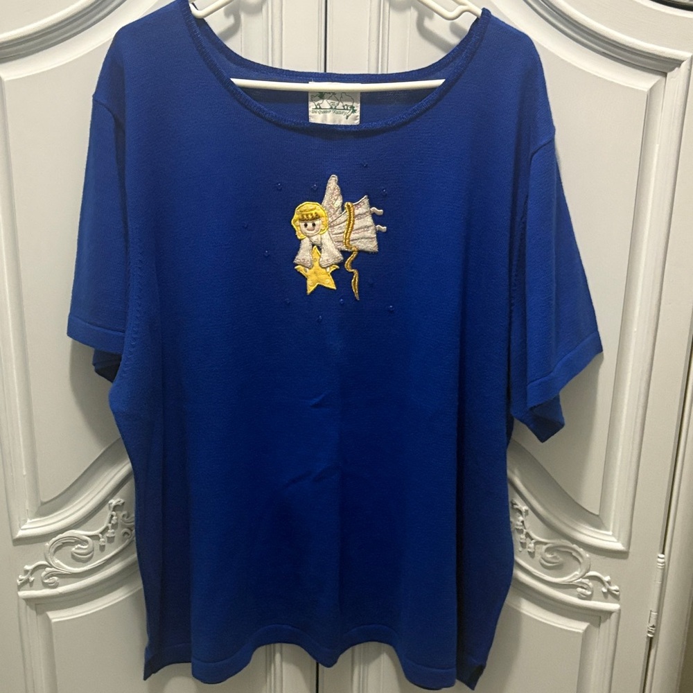 Christmas- Quacker Factory Royal WShort Sleeve Sweater with Star Embroidery - 3x